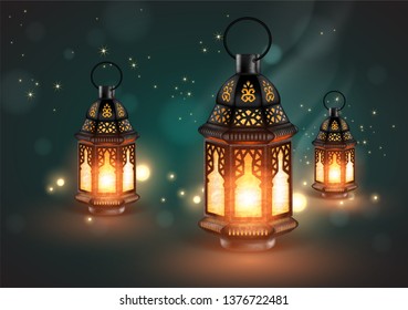 Three openwork oriental lamps on a blue background with highlights. 3D vector. High detailed realistic illustration