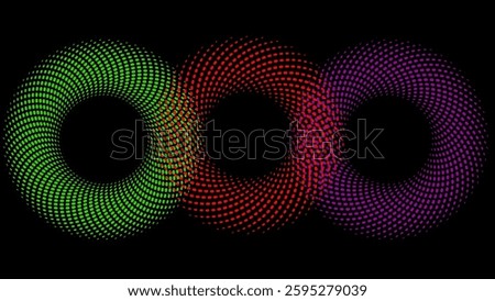 Three optical illusion circles consisting of green, red, and purple dots. These circles overlap each other, creating an interesting visual effect.