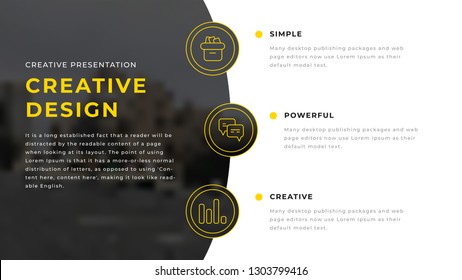 Three option icons business presentation template design with yellow and black elements on a white background. Rounded three buttons in a editable annual report flyer leaflet. Power point ppt file