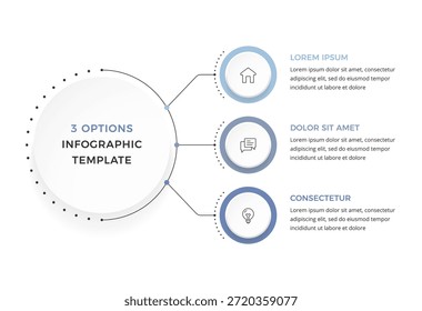 Plantilla de infografía de tres opciones con un círculo central conectado a Elementos circulares con íconos y texto