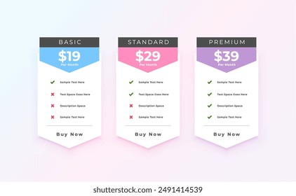 Plantilla de tabla de Precios de tres opciones para el Vector del App UX UI
