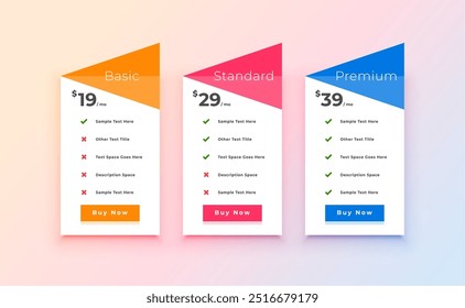 três opção assinatura preço gráfico layout tabela em vetor estilo moderno