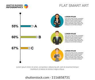 Three options bar chart template for presentation. Business data visualization. Development, teamwork, analysis or marketing creative concept for infographic, report, project layout.