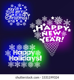 three options congratulations on the winter holidays. white linear pattern on dark background. vector illustration. EPS 10.