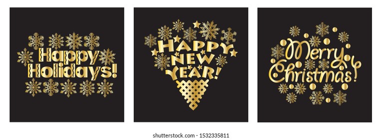 three options congratulations on the winter holidays. gold inscription on a black background. vector illustration. EPS 10.