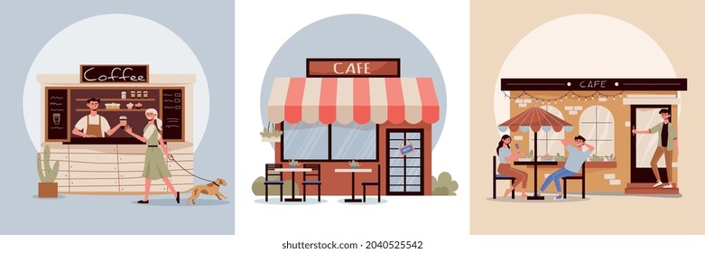 Three options for the design of the facades of the cafe flat vector illustration