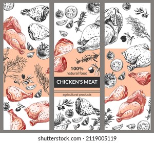 three options for designing the background of chicken meat, graphic images of a leg, thigh, a black and white sketch and multi-colored parts of a poultry carcass