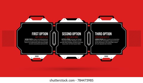 Three options with hi-tech elements in black and red techno style on flat vibrant background