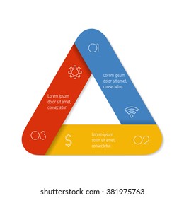 Three options isolated infographic banner. Triangle workflow layout. Number banner template for diagram, presentation or chart. 3 parts progress steps for tutorial. Business concept sequence banner.