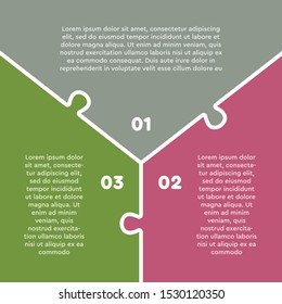 Three options puzzle squares diagram. Squares business presentation infographic. 3 steps, parts, pieces of process diagram. Section compare banner. Jigsaw puzzle info graphic. Marketing strategy.