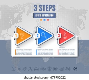 Three options or steps infographic on dotted world map abstract background. Business thin line icons. Template for your design works. Vector illustration.