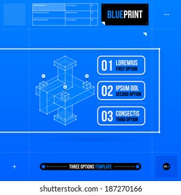 Three options template with abstract 3d element in blueprint style. EPS10