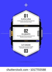 Three options template with hi-tech elements in geometric industrial/techno style on deep blue background
