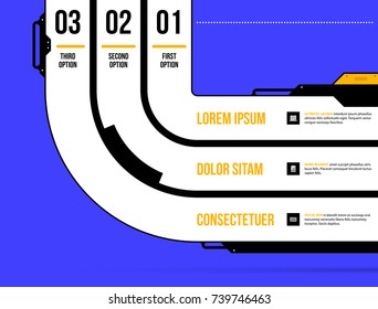 Three options template with round stripes in geometric industrial/techno style on deep blue background