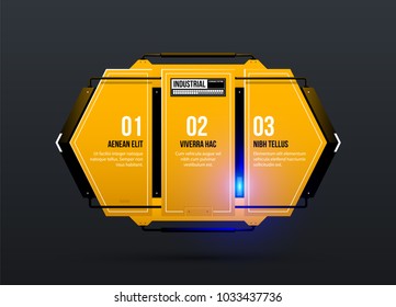 Three options template in yellow industrial techno style on dark gray background