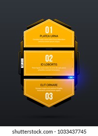 Three options template in yellow industrial techno style on dark gray background