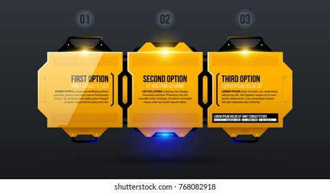 Three options in yellow industrial techno style on dark gray background