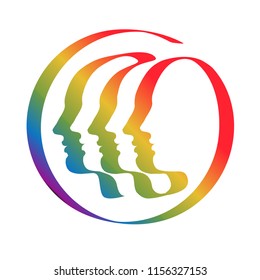 Three (or six) human profile, drawn by multicolored ribbon-like single line. Symbol of the unity in diversity. Vector drawing on isolated background.