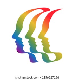 Three (or six) human profile, drawn by multicolored ribbon-like single line. Symbol of the unity in diversity. Vector drawing on isolated background.