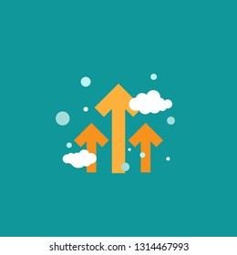 three orange arrows up with dots and clouds on blue background. Launch, upgraid icon. Creative project start, business advance, breakthrough sign. Fast growth symbol. Speed, grow up, increase