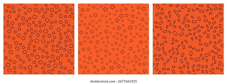 Tres paneles de fondo naranja con patrones sin costuras de Formas Pequeñas delineadas: círculos, estrellas y rectángulos.