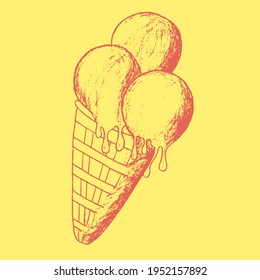 Three orange balls of ice cream in a orange waffle cone in doodle style isolated on a yellow background. Sketch. Hand Drawn.