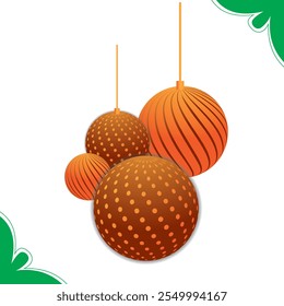 Three orange Christmas ornaments, decorated with polka dots and stripes, hang festively. Set against a white and green backdrop, these glossy baubles bring a bright, cheerful touch to holiday decor,