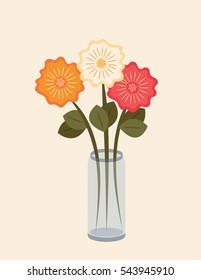 Three Orange, Cream, and Red Blooming Flowers in a Transparent Vase