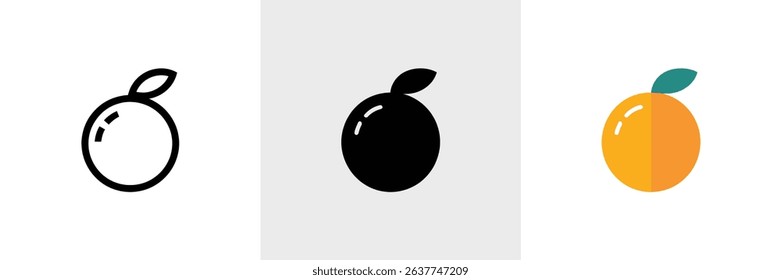 Three orange fruit icons showcased a simple outline, solid black fill, and vibrant full-color rendering. Each icon features a single leaf attached to the fruit.