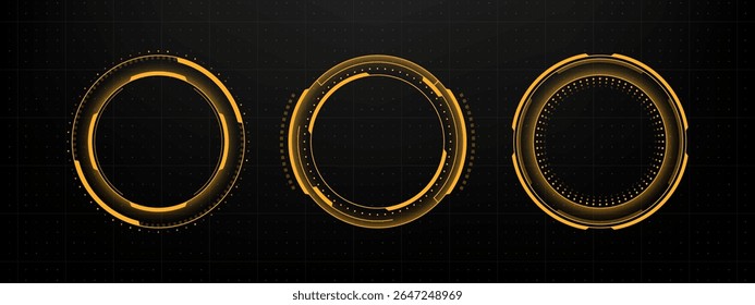 Three orange futuristic hud vector circles on a dark background. Technology element for virtual reality display. Head-up display design.