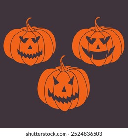 Três Laranja Halloween Pumpkin Set. Design Divertido E Assustador. Jack O Lanterna Caprichoso Faces Para Convites De Festa, Decorações E Desenhos Sazonais.