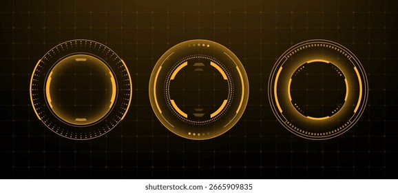 Three orange head up display (HUD) vector graphics. Futuristic digital interface elements for technology and gaming concepts.