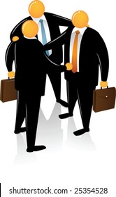 Three Orange Head wearing black suit talking each other