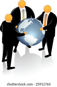 Three Orange Head wearing black suit Holding Globe