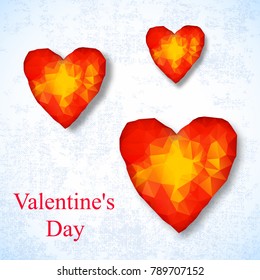 Three orange hearts composition with precious faceted heart on white background vector illustration