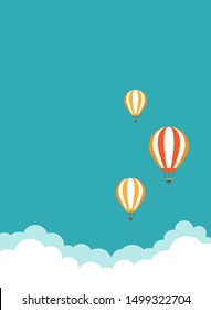 Three orange hot air balloon flying in the blue sky with clouds. Flat cartoon  background. Vector wallpaper. Vertical banner or poster