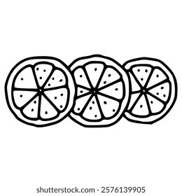 three orange or lemon slices hand drawn doodle outline icon