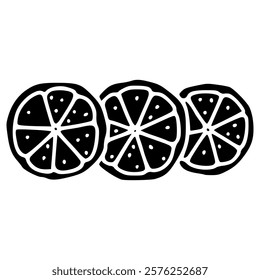 three orange or lemon slices hand drawn doodle glyph icon