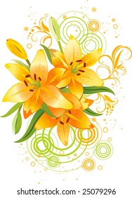 Three orange lily, vector grunge floral background