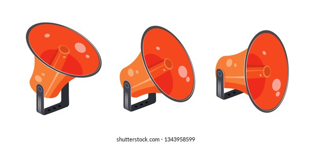 Three orange megaphone in different positions. Hiring, promotion or warning concept illustration