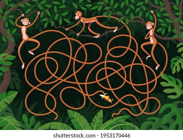 Three orange monkeys with long tails hang from vines in the dark jungle. Guess which monkey grabbed a banana with its tail? Children's puzzle with a labyrinth.