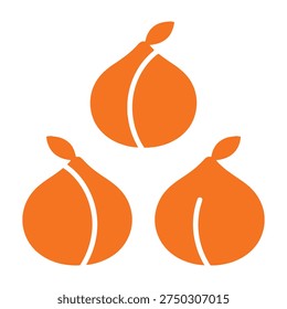 Three orange onions stacked in triangle formation on white background
