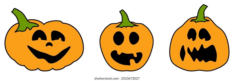 Three orange pumpkins with varying funny and scary expressions. Vector illustration for Halloween-themed crafts and designs.