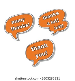 Three orange speech bubble stickers with white text, "many thanks!", "thanks a lot! lot!", "thank you!", usable for digital messages and social media.