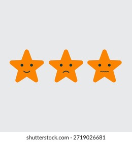 Three orange star-shaped emoticons with different expressions on a gray background.