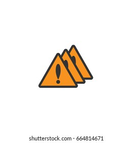 Three orange triangle with black exclamation mark. Multiple repeating mistake sign. Warning icon. isolated on white. Flat pictogram.
