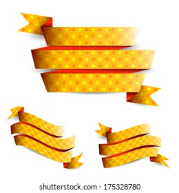 Three orange with  yellow and orange rhombs ribbons on the white background