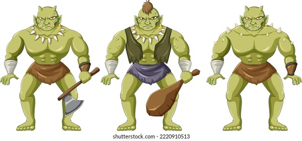 Three orc cartoon characters isolated illustration