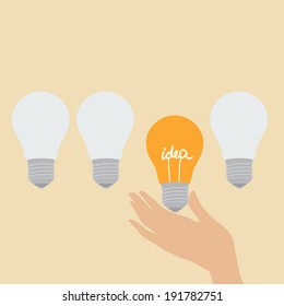 Three ordinary light bulbs and one light with an idea