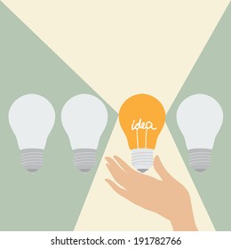 Three ordinary light bulbs and one light with an idea that radiates light